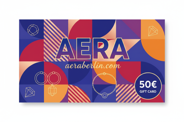 Aera gift card with geometric design and 50€ value on a white background