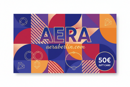 Aera gift card with geometric design and 50€ value on a white background
