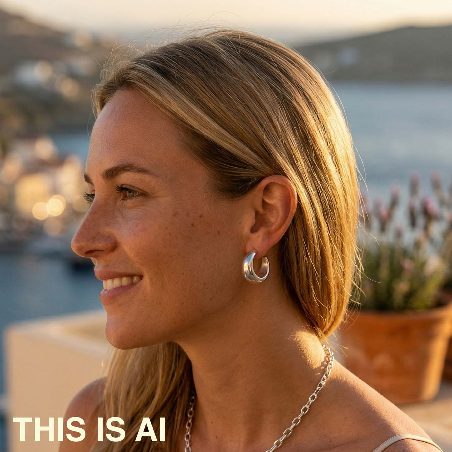 Woman with short blonde hair and hoop earrings outdoors with text 'THIS IS AI'. Aera Berlin