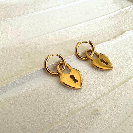 Aera Berlin Jewelry - Heart Lock Huggie Drop Earring 18K Gold Plated Product Photo