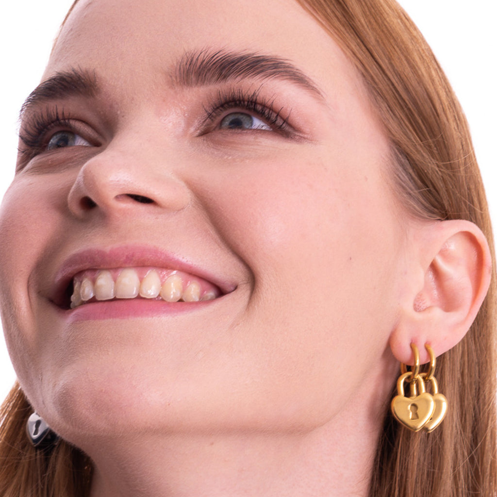 Aera Berlin Jewelry - Heart Lock Huggie Drop Earring Model Photo Left Right