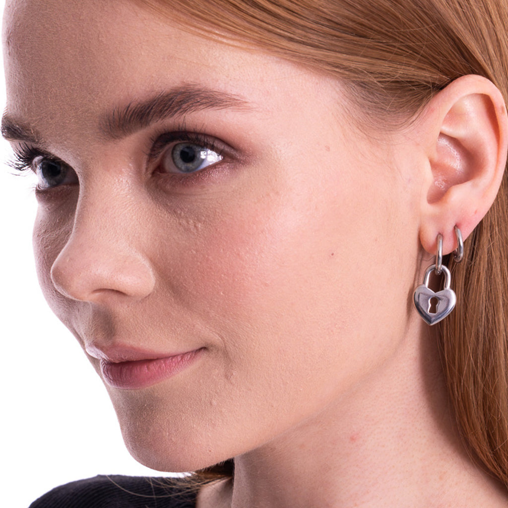 Aera Berlin Jewelry - Heart Lock Huggie Drop Earring Sterling Silver Model Photo Right