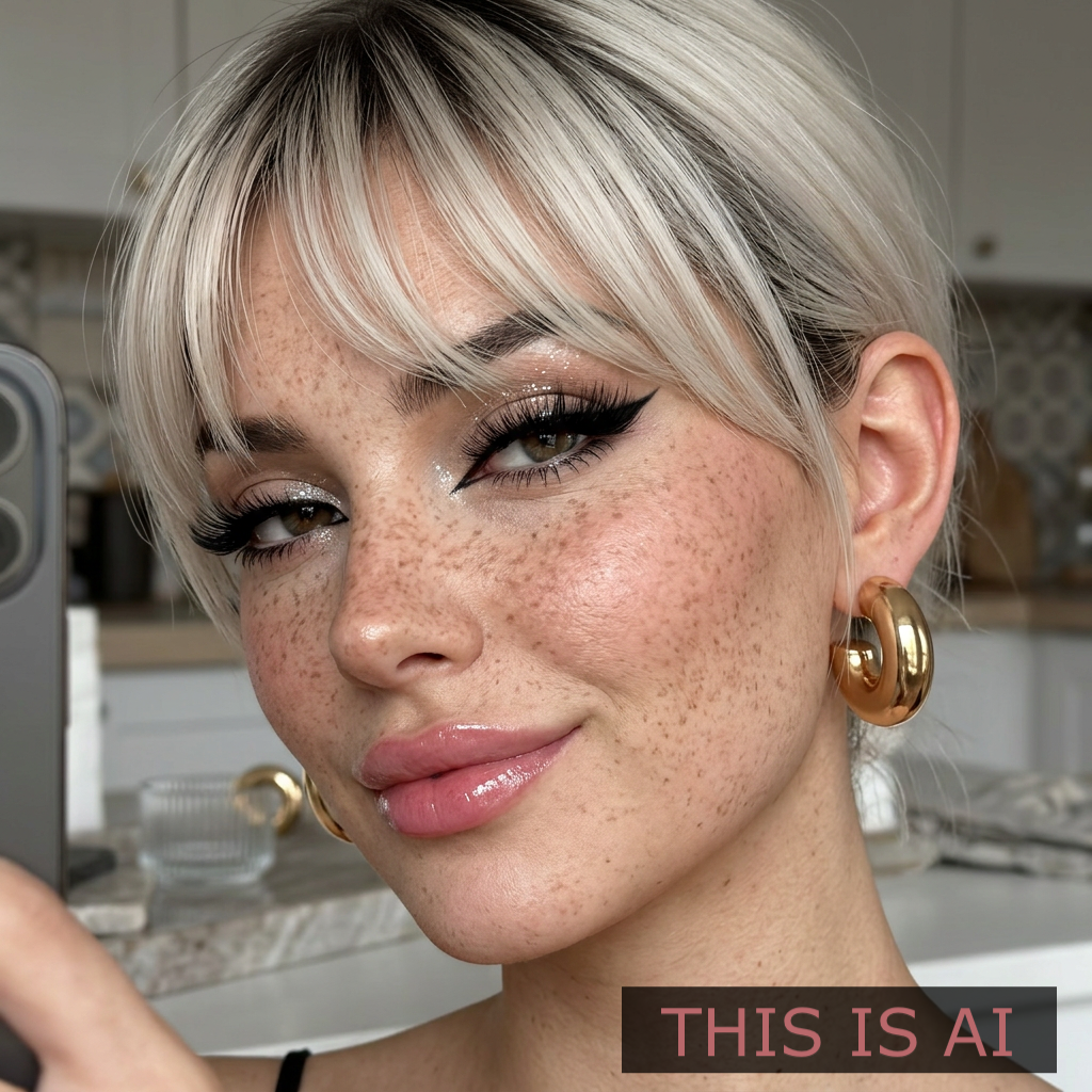 Close-up of a person with blonde hair and freckles, wearing gold hoop earrings in a kitchen setting.