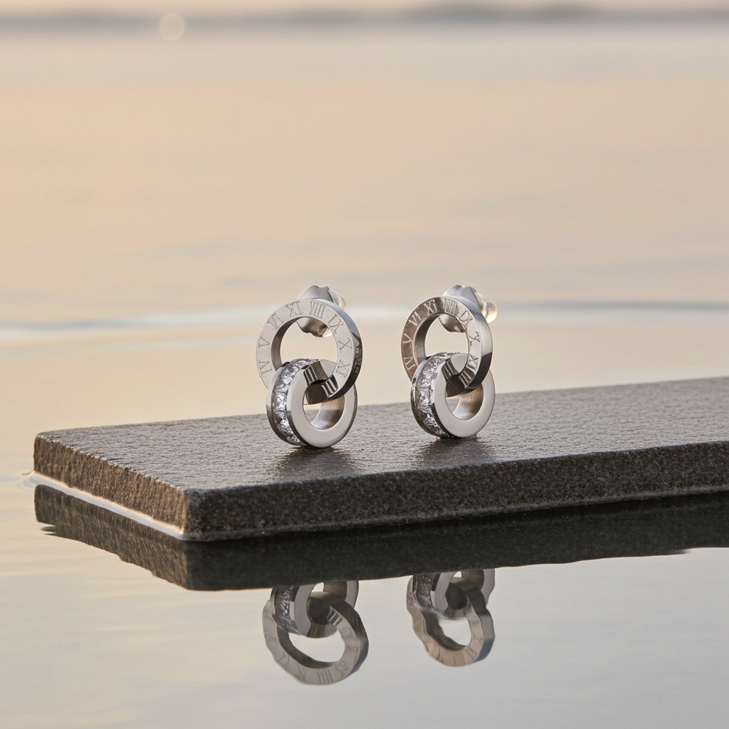 Pair of silver hoop earrings with embedded stones on a dark surface. AI generated. Aera Berlin.