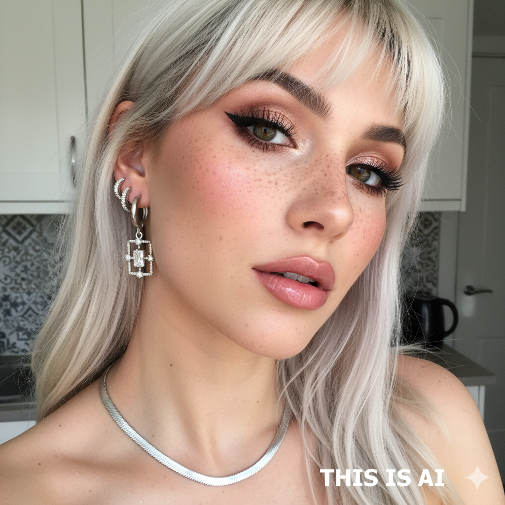 Close-up of a person with blonde hair and makeup, wearing earrings and a necklace, with 'This is AI' text overlay. Aera Berlin