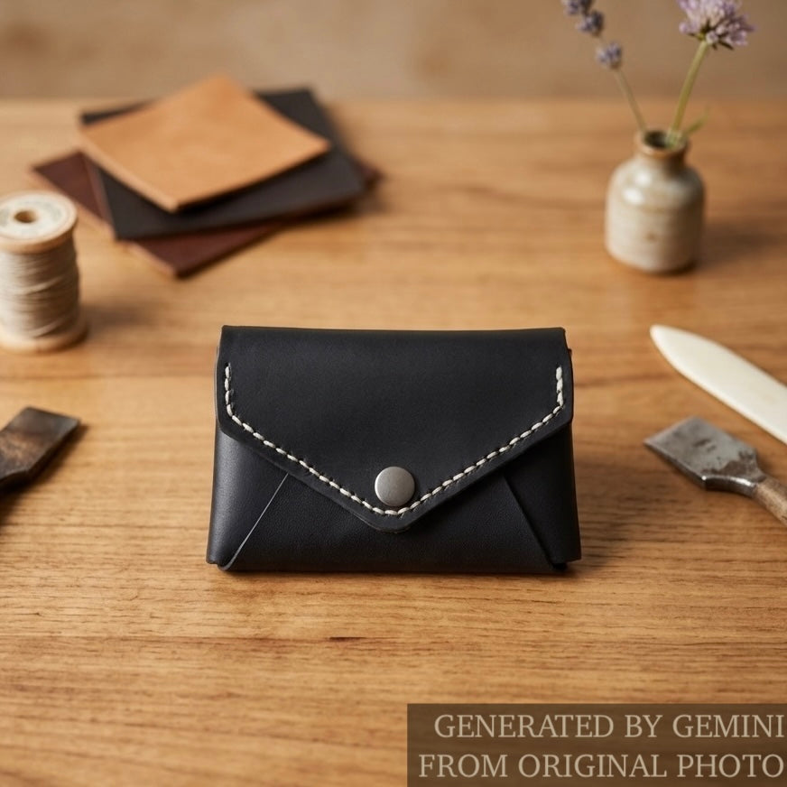 Black leather wallet / cardholder / coins bag with white stitching on a wooden surface with crafting materials -  AERA Berlin