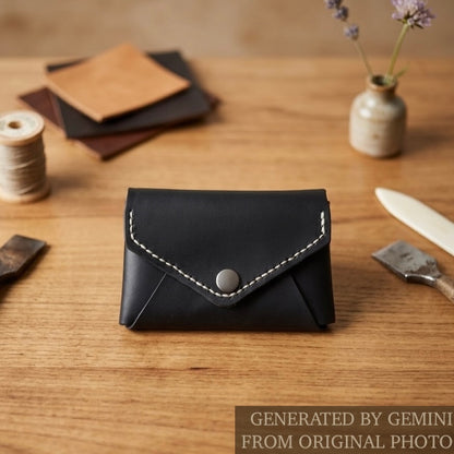Black leather wallet / cardholder / coins bag with white stitching on a wooden surface with crafting materials -  AERA Berlin