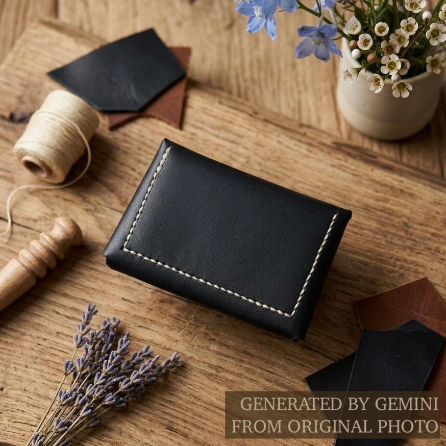 Black leather wallet / cardholder / coin bags on a wooden surface with flowers and twine -  AERA Berlin
