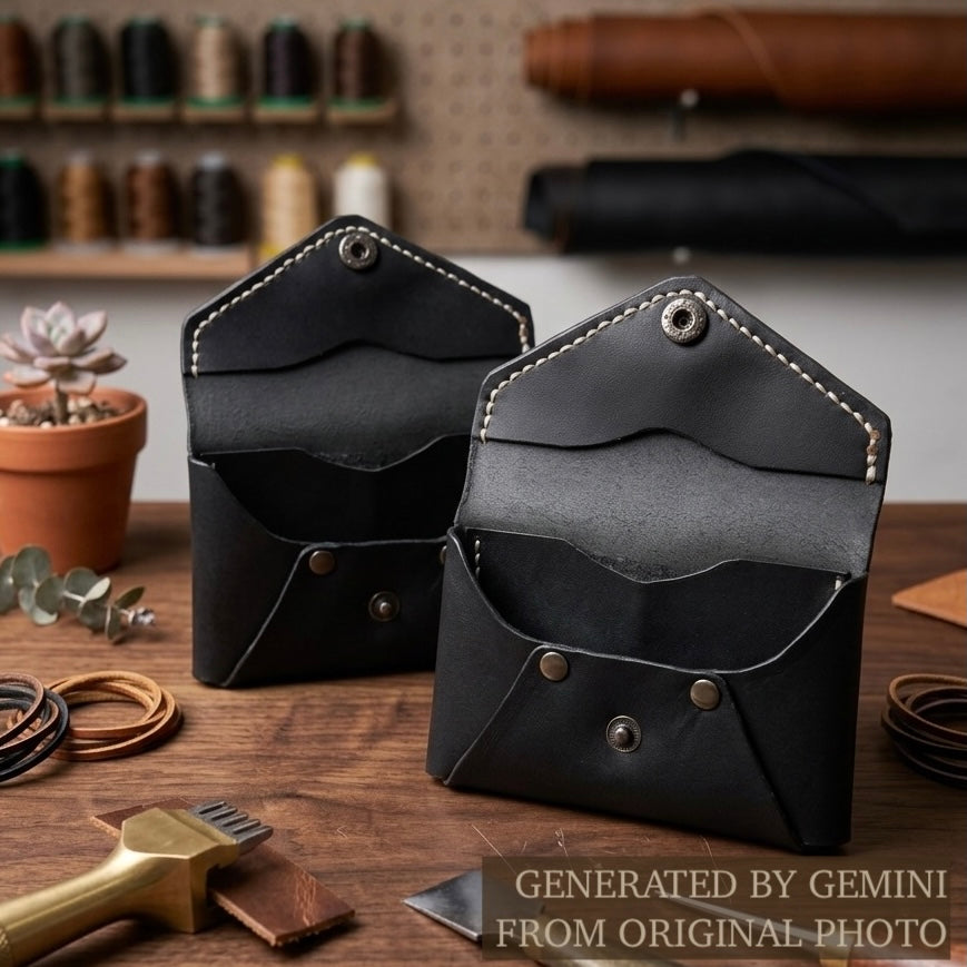 Two black leather wallet / cardholder / coins bag on a wooden table with leather working tools and materials - AERA Berlin