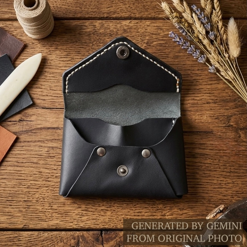 Black leather wallet / cardholder / coins bag on a wooden surface with tools and materials -  AERA Berlin