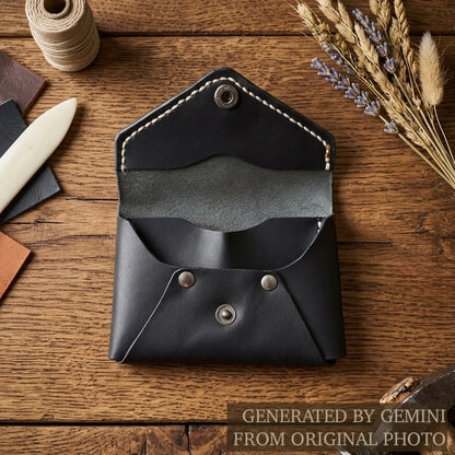 Black leather wallet / cardholder / coins bag on a wooden surface with tools and materials -  AERA Berlin