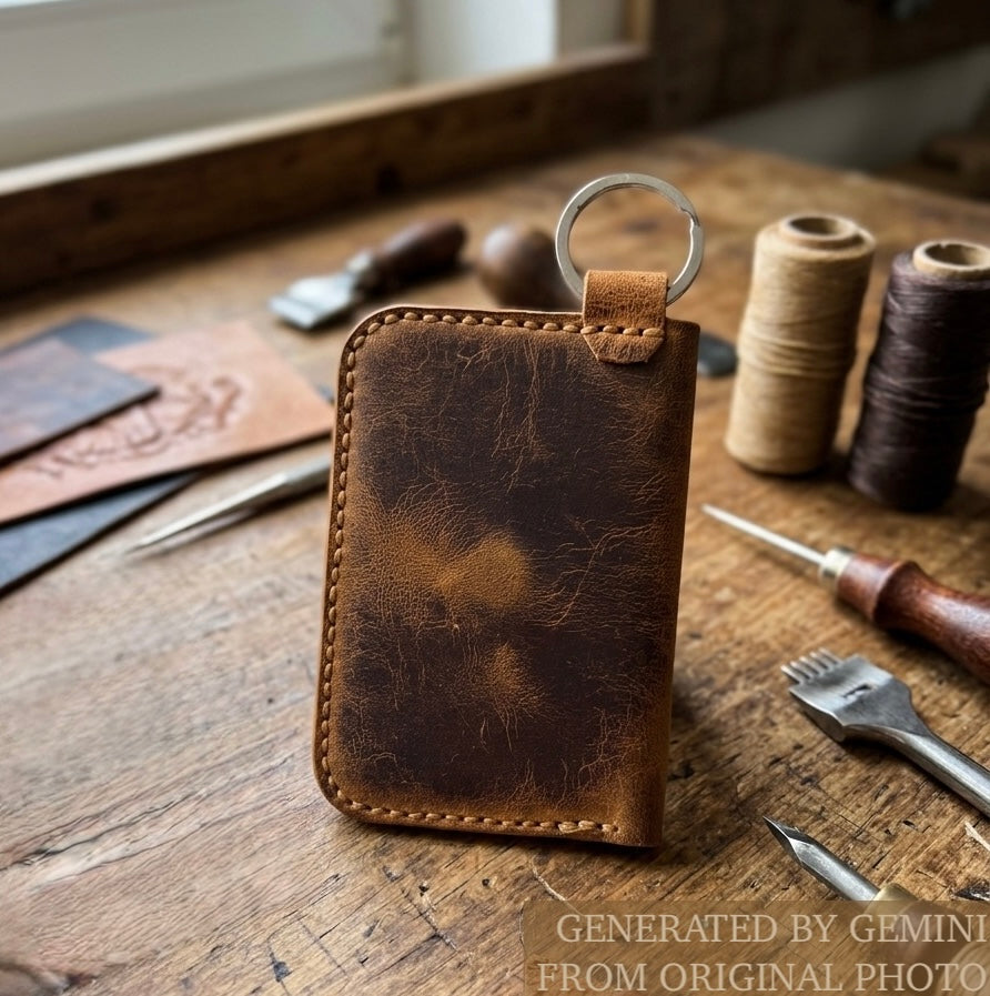 Brown leather cardholder on a wooden surface with tools and materials. Aera Berlin