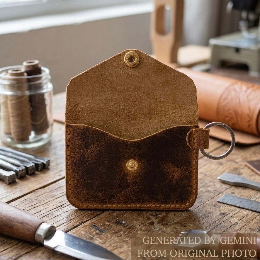 Brown leather pouch on a wooden surface with tools around - Aera Berlin
