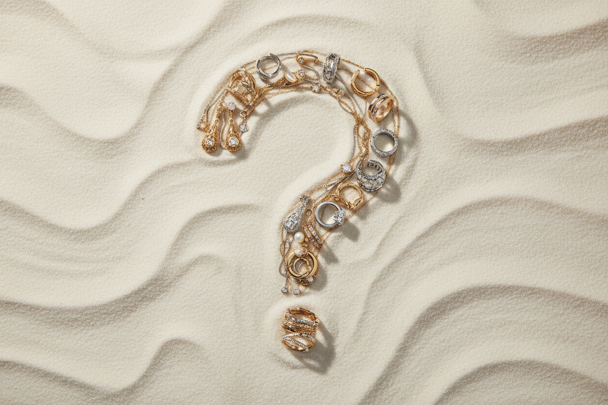 Gold bracelet with diamond accents on sand in a question mark - Aera Berlin